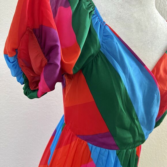 Skies are Blue Iliana Tiered Pink Colorful Maxi Dress Size Small Puffy Sleeve - Picture 5 of 16